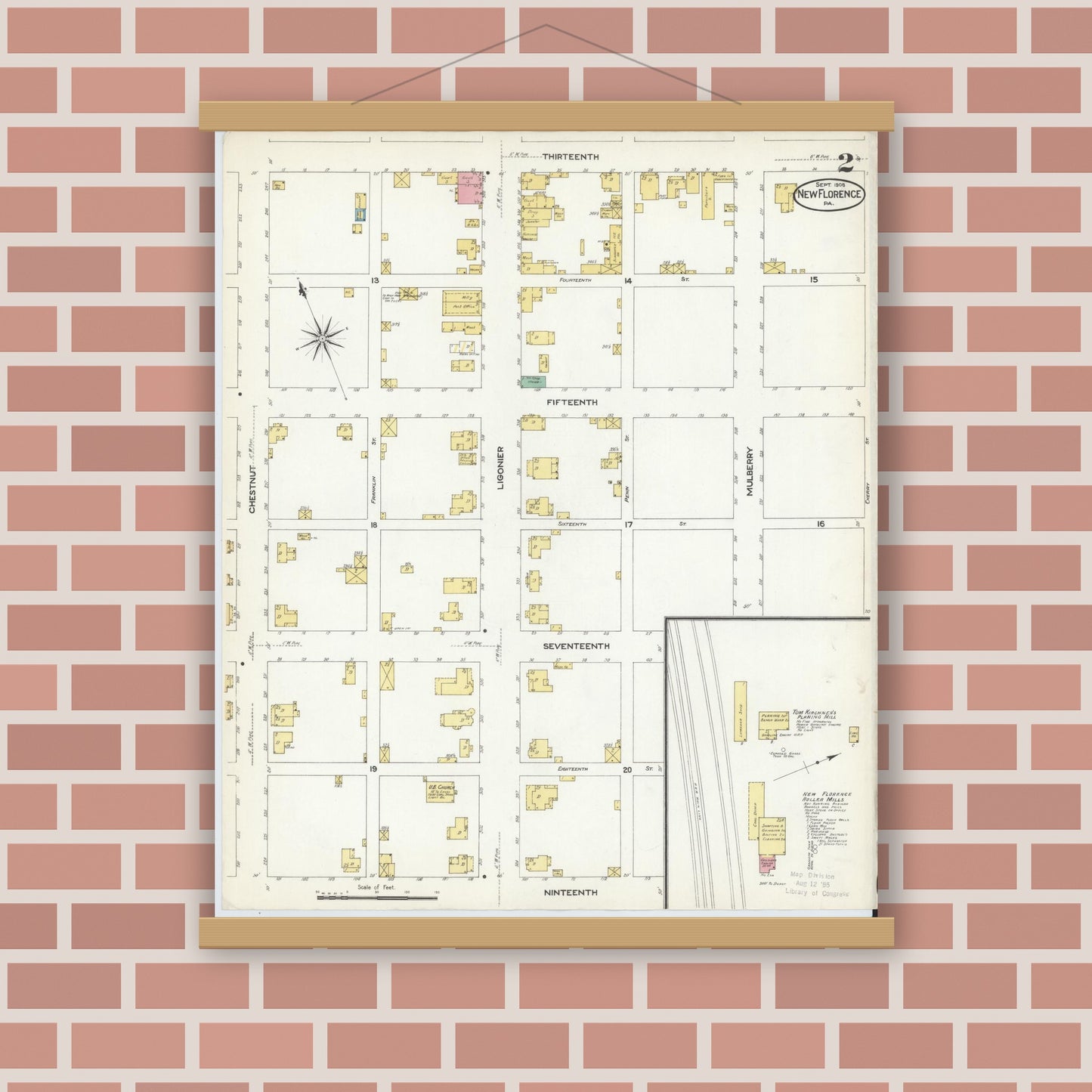 Old map wall art mockup — magnetic wood frame on brick wall — Sanborn Fire Insurance Map from New Florence, Westmoreland County, Pennsylvania (1908), Sheet #0002
