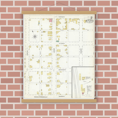 Old map wall art mockup — magnetic wood frame on brick wall — Sanborn Fire Insurance Map from New Florence, Westmoreland County, Pennsylvania (1908), Sheet #0002