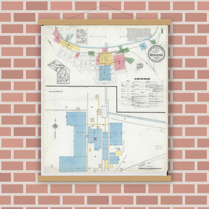 Old map wall art mockup — magnetic wood frame on brick wall — Sanborn Fire Insurance Map from Munising, Alger County, Michigan (1917), Sheet #0001