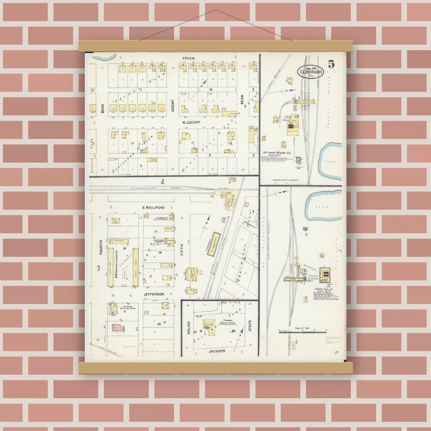 Old map wall art mockup — magnetic wood frame on brick wall — Sanborn Fire Insurance Map from Eldorado, Saline County, Illinois (1907), Sheet #0005