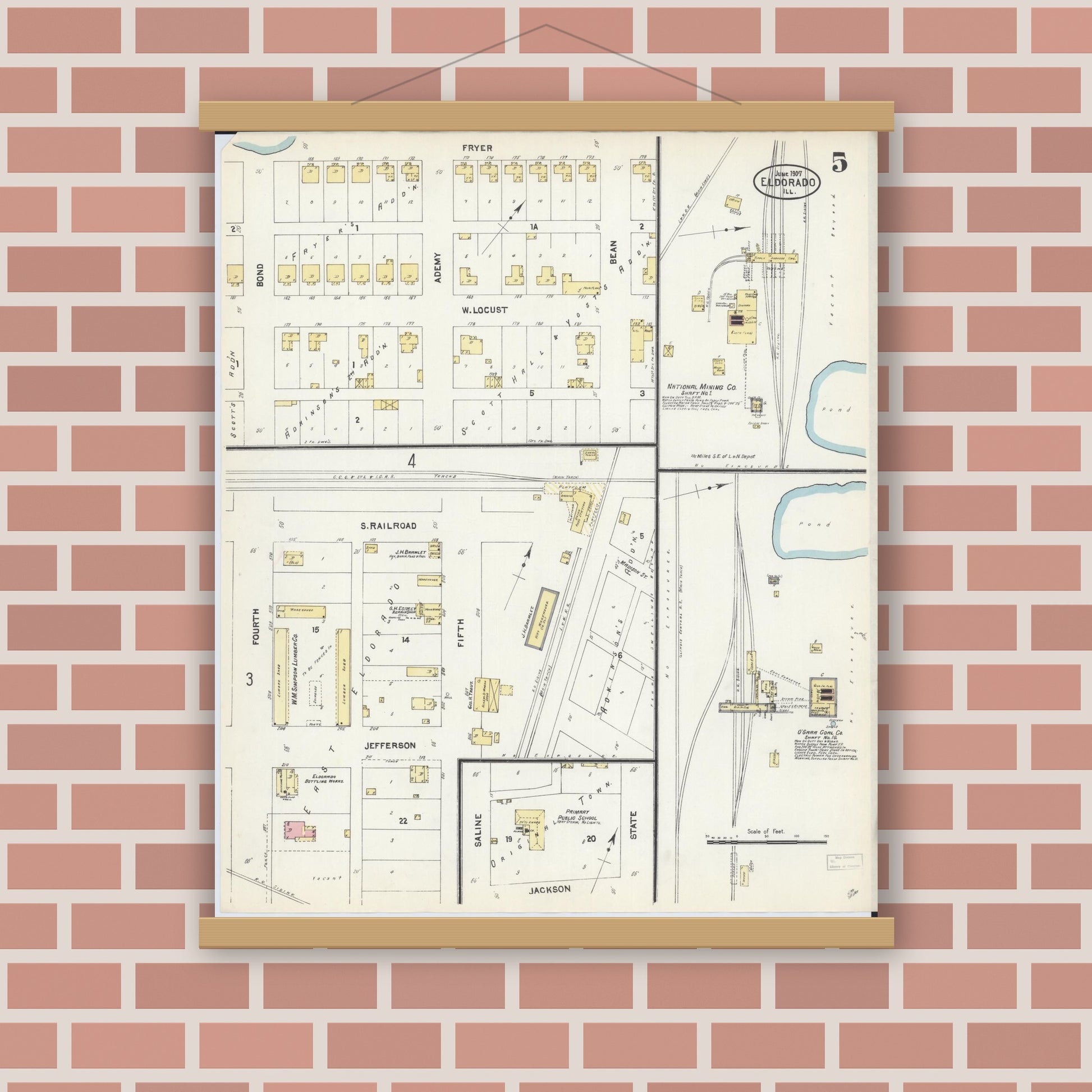 Old map wall art mockup — magnetic wood frame on brick wall — Sanborn Fire Insurance Map from Eldorado, Saline County, Illinois (1907), Sheet #0005