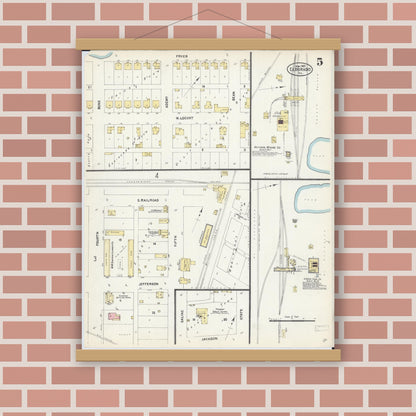 Old map wall art mockup — magnetic wood frame on brick wall — Sanborn Fire Insurance Map from Eldorado, Saline County, Illinois (1907), Sheet #0005