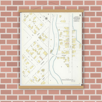 Old map wall art mockup — magnetic wood frame on brick wall — Sanborn Fire Insurance Map from East Tawas, Iosco County, Michigan (1910), Sheet #0009