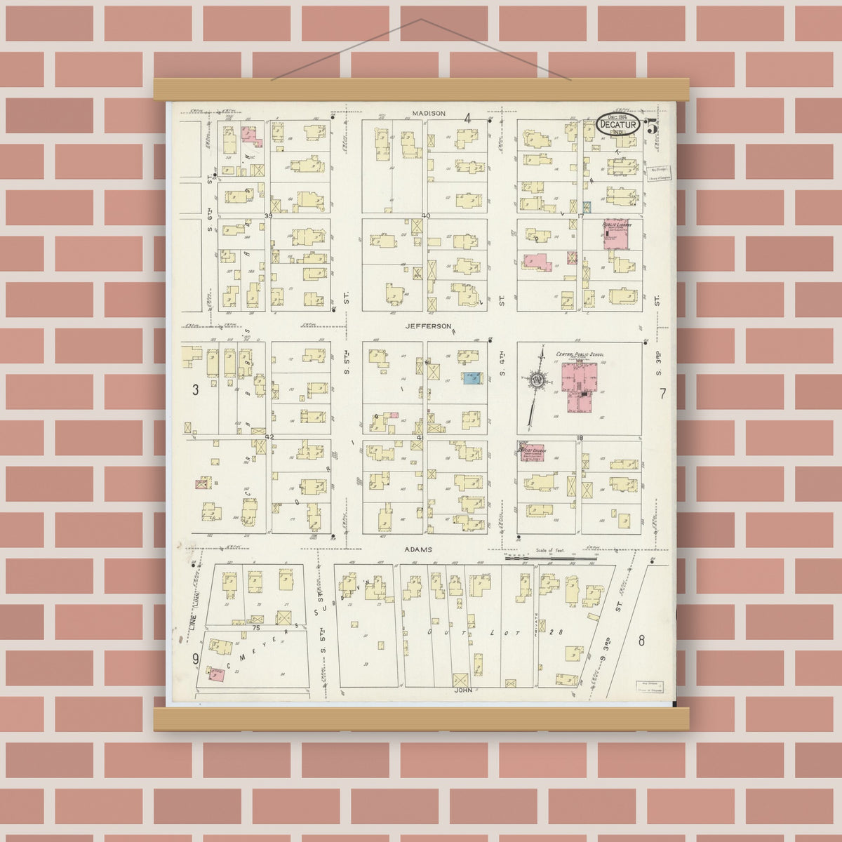 Old map wall art mockup — magnetic wood frame on brick wall — Sanborn Fire Insurance Map from Decatur, Adams County, Indiana (1914), Sheet #0005