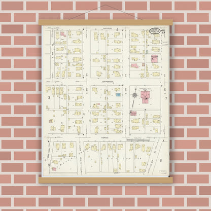 Old map wall art mockup — magnetic wood frame on brick wall — Sanborn Fire Insurance Map from Decatur, Adams County, Indiana (1914), Sheet #0005
