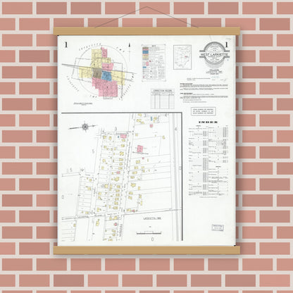 Old map wall art mockup — magnetic wood frame on brick wall — Sanborn Fire Insurance Map from West Lafayette, Coshocton County, Ohio (1946), Sheet #0001