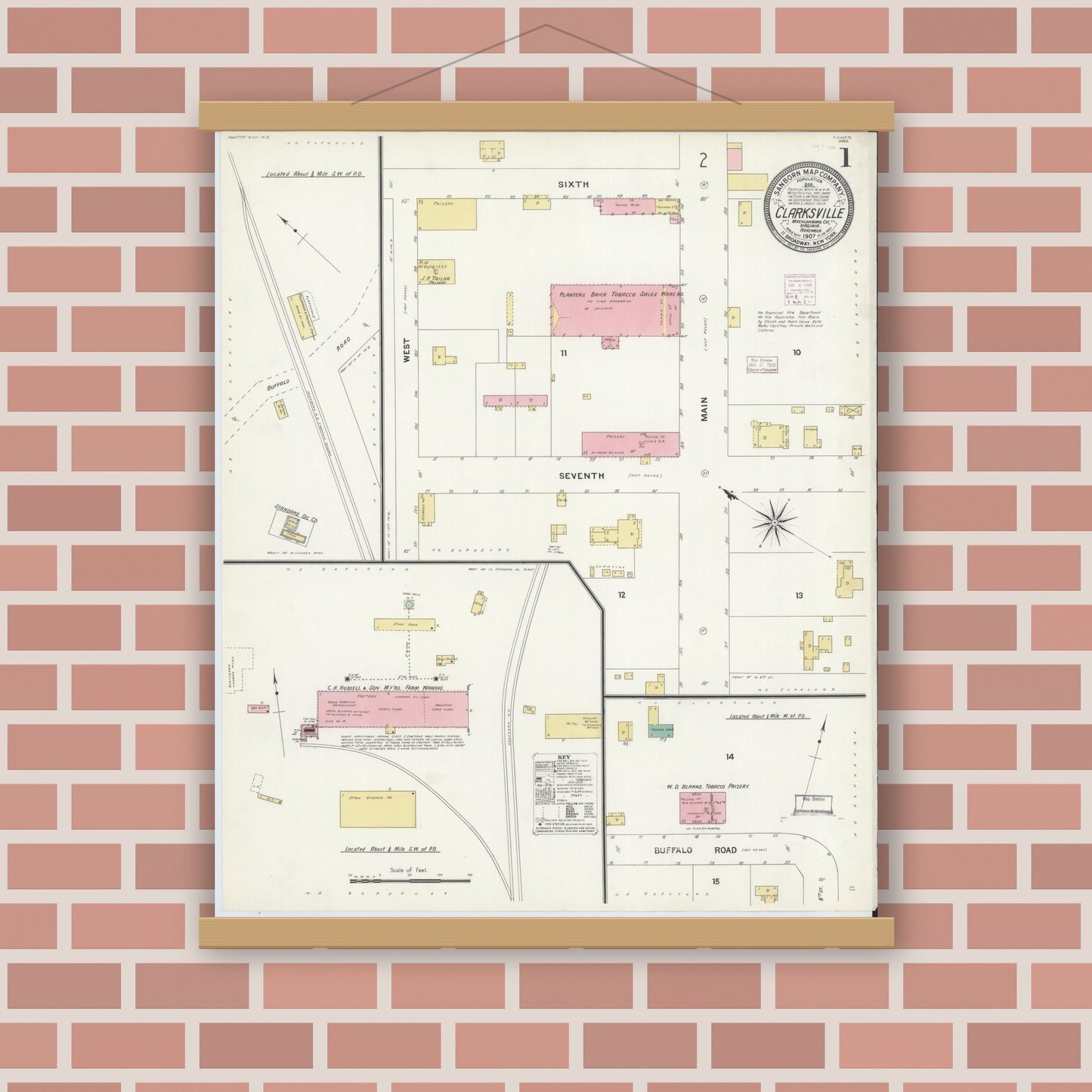 Old map wall art mockup — magnetic wood frame on brick wall — Sanborn Fire Insurance Map from Clarksville, Mecklenburg County, Virginia (1907) - Complete Map Set