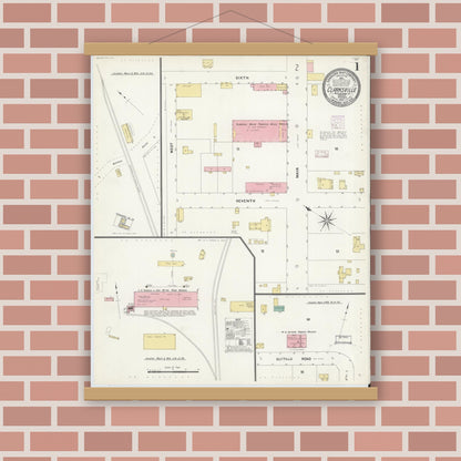 Old map wall art mockup — magnetic wood frame on brick wall — Sanborn Fire Insurance Map from Clarksville, Mecklenburg County, Virginia (1907) - Complete Map Set