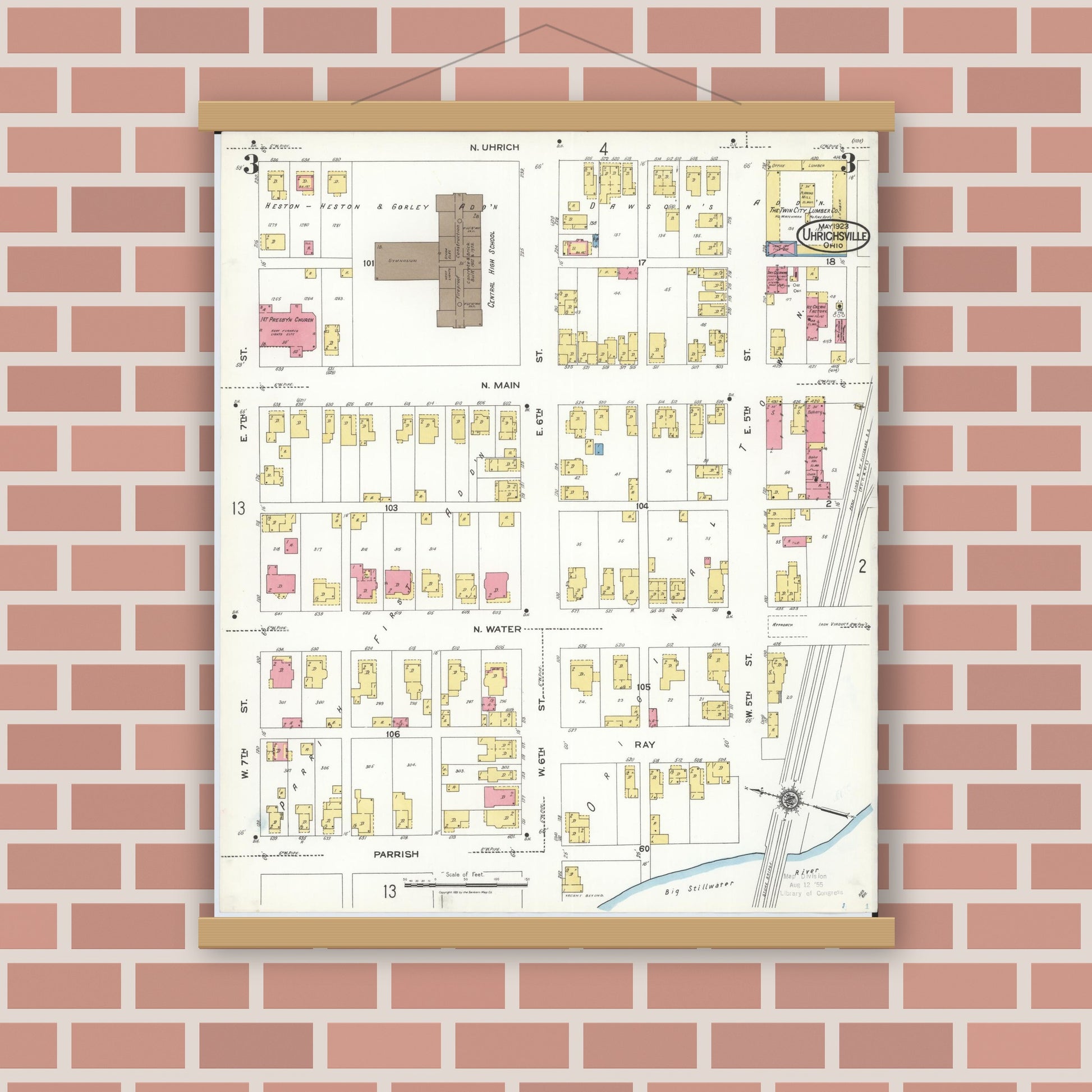 Old map wall art mockup — magnetic wood frame on brick wall — Sanborn Fire Insurance Map from Uhrichsville, Tuscarawas County, Ohio (1923), Sheet #0003