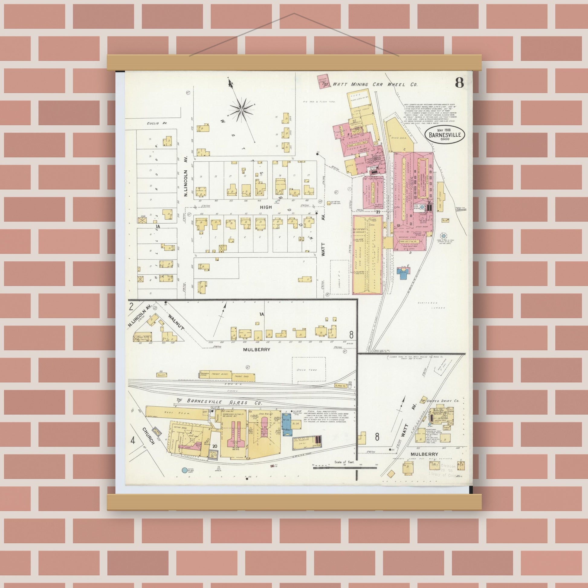 Old map wall art mockup — magnetic wood frame on brick wall — Sanborn Fire Insurance Map from Barnesville, Belmont County, Ohio (1908), Sheet #0008