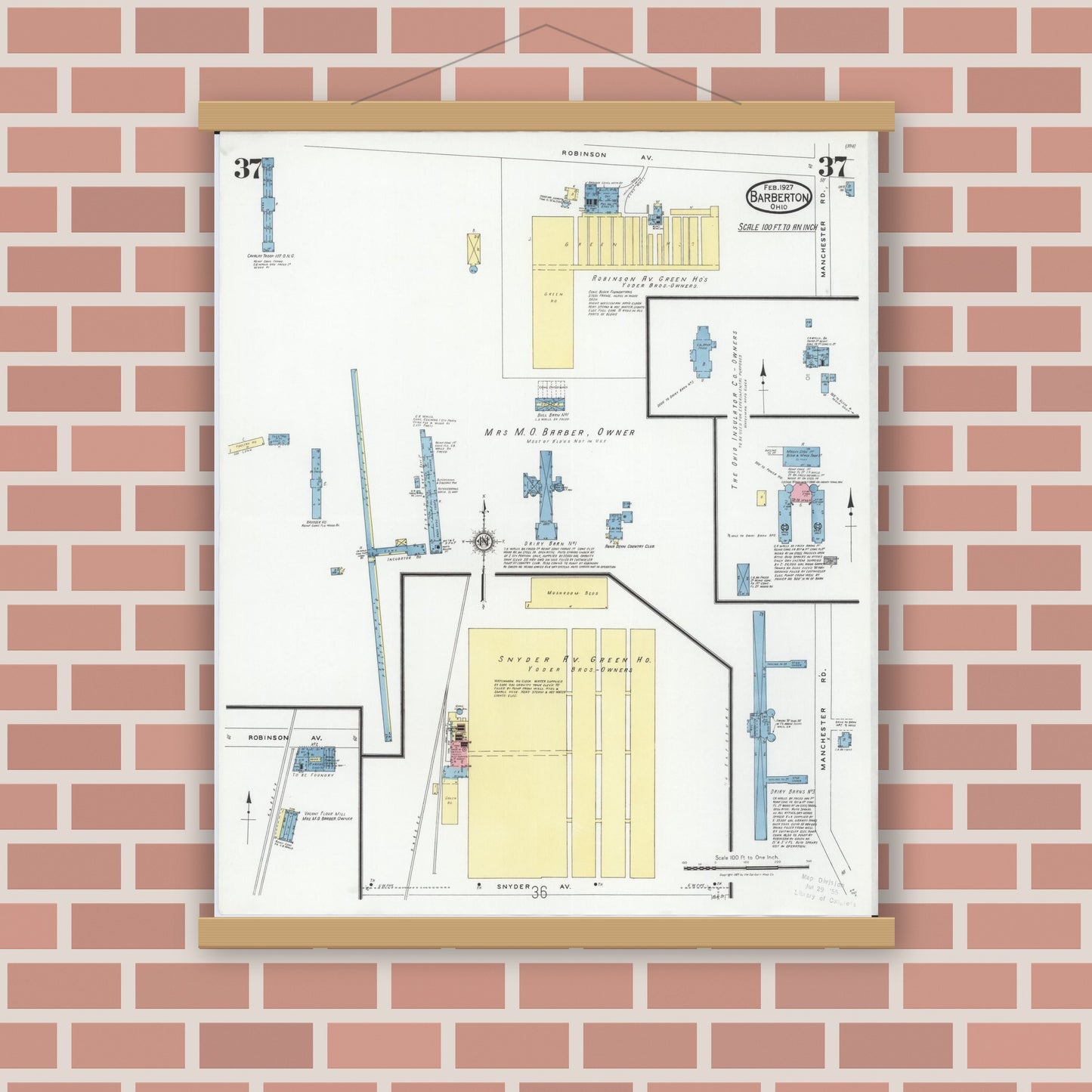 Old map wall art mockup — magnetic wood frame on brick wall — Sanborn Fire Insurance Map from Barberton, Summit County, Ohio (1927), Sheet #0037