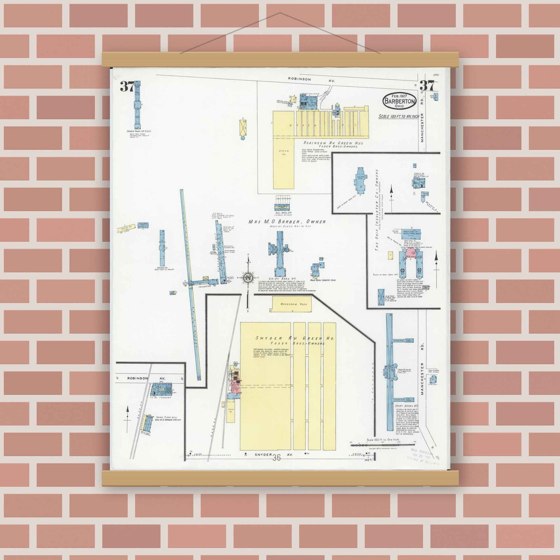 Old map wall art mockup — magnetic wood frame on brick wall — Sanborn Fire Insurance Map from Barberton, Summit County, Ohio (1927), Sheet #0037