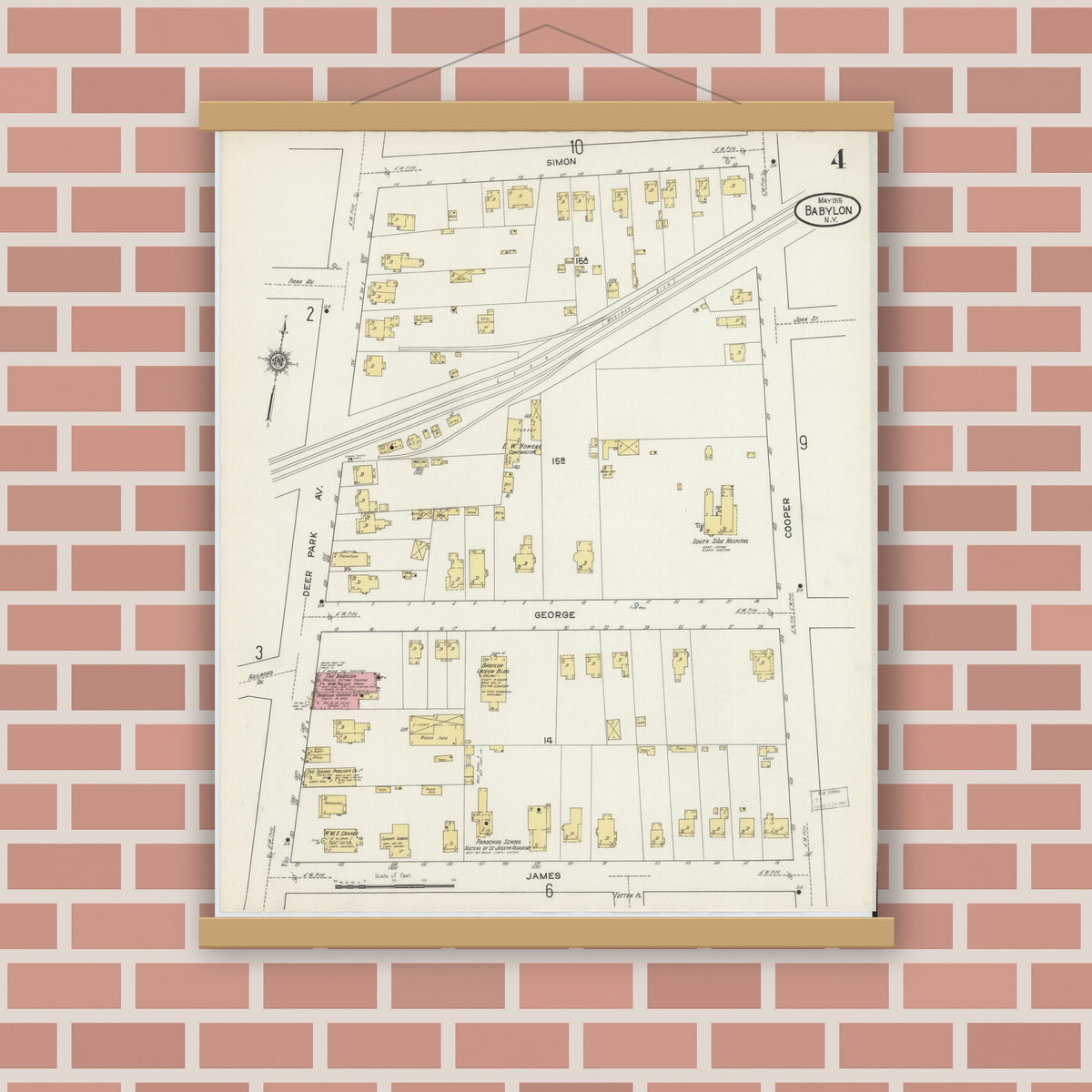 Old map wall art mockup — magnetic wood frame on brick wall — Sanborn Fire Insurance Map from Babylon, Suffolk County, New York (1915), Sheet #0004