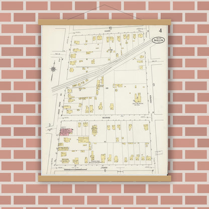 Old map wall art mockup — magnetic wood frame on brick wall — Sanborn Fire Insurance Map from Babylon, Suffolk County, New York (1915), Sheet #0004