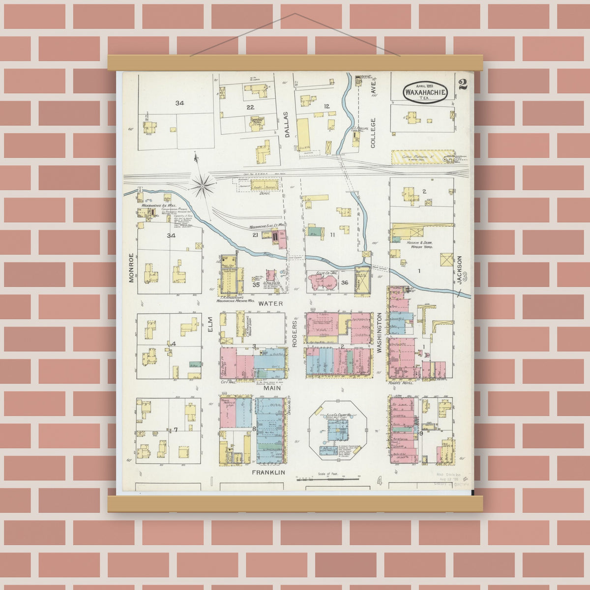 Old map wall art mockup — magnetic wood frame on brick wall — Sanborn Fire Insurance Map from Waxahachie, Ellis County, Texas (1893), Sheet #0002