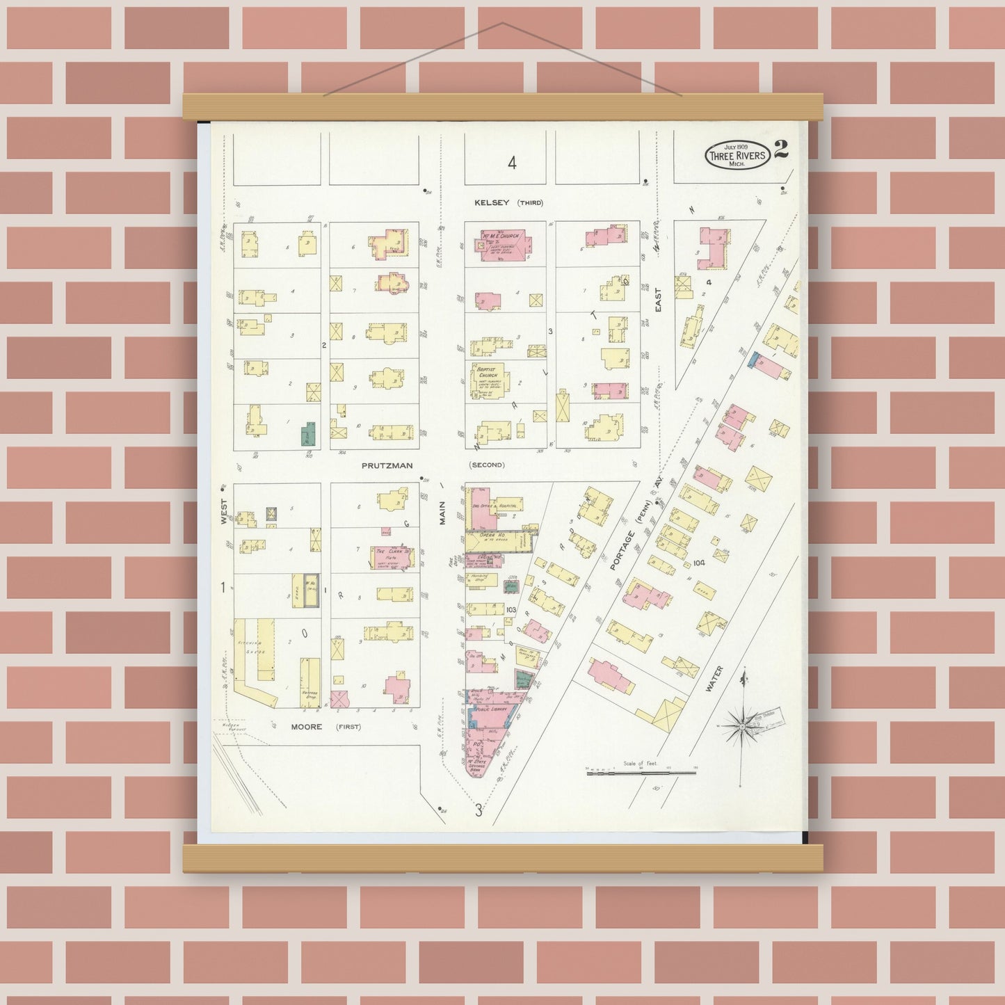 Old map wall art mockup — magnetic wood frame on brick wall — Sanborn Fire Insurance Map from Three Rivers, Saint Joseph County, Michigan (1909), Sheet #0002
