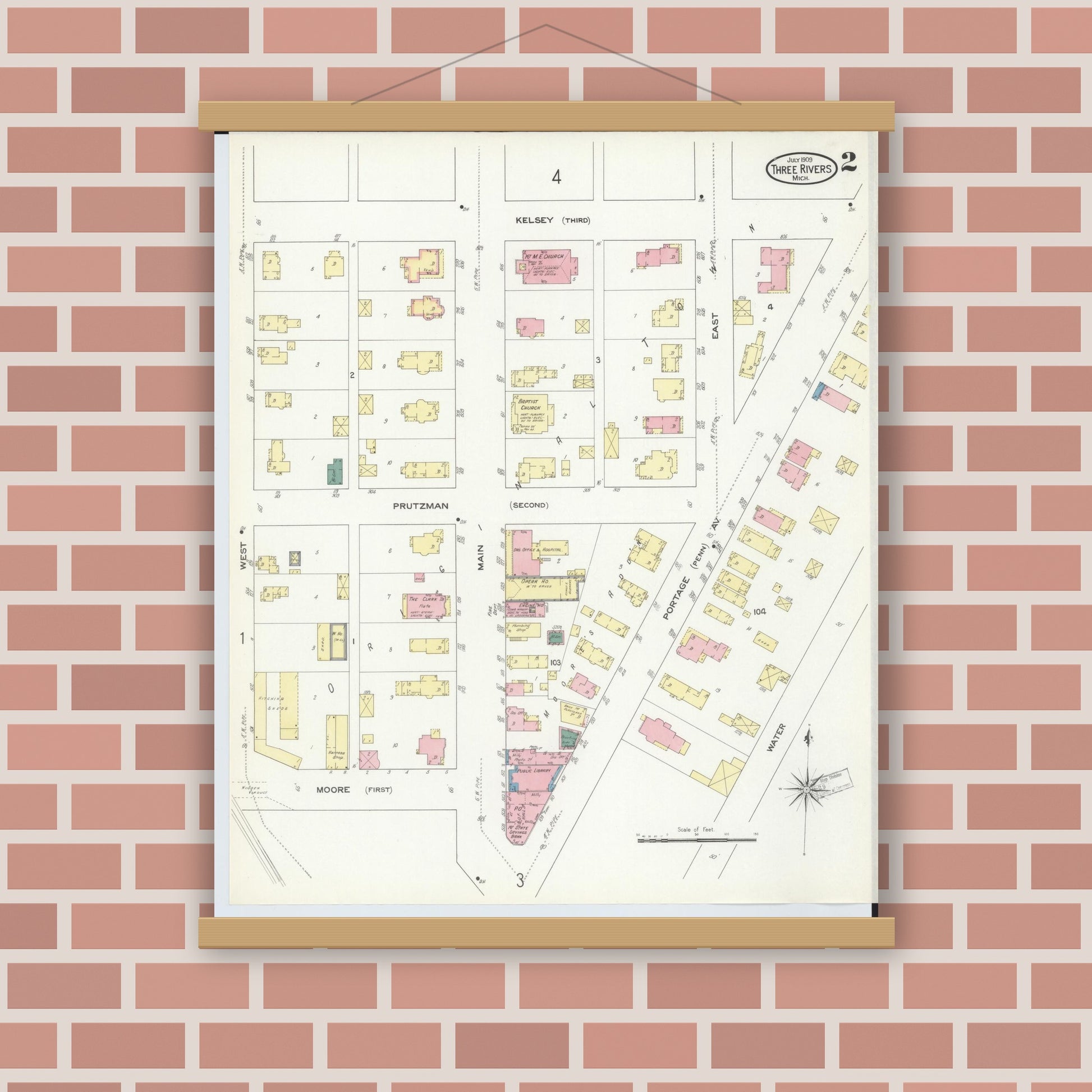 Old map wall art mockup — magnetic wood frame on brick wall — Sanborn Fire Insurance Map from Three Rivers, Saint Joseph County, Michigan (1909), Sheet #0002