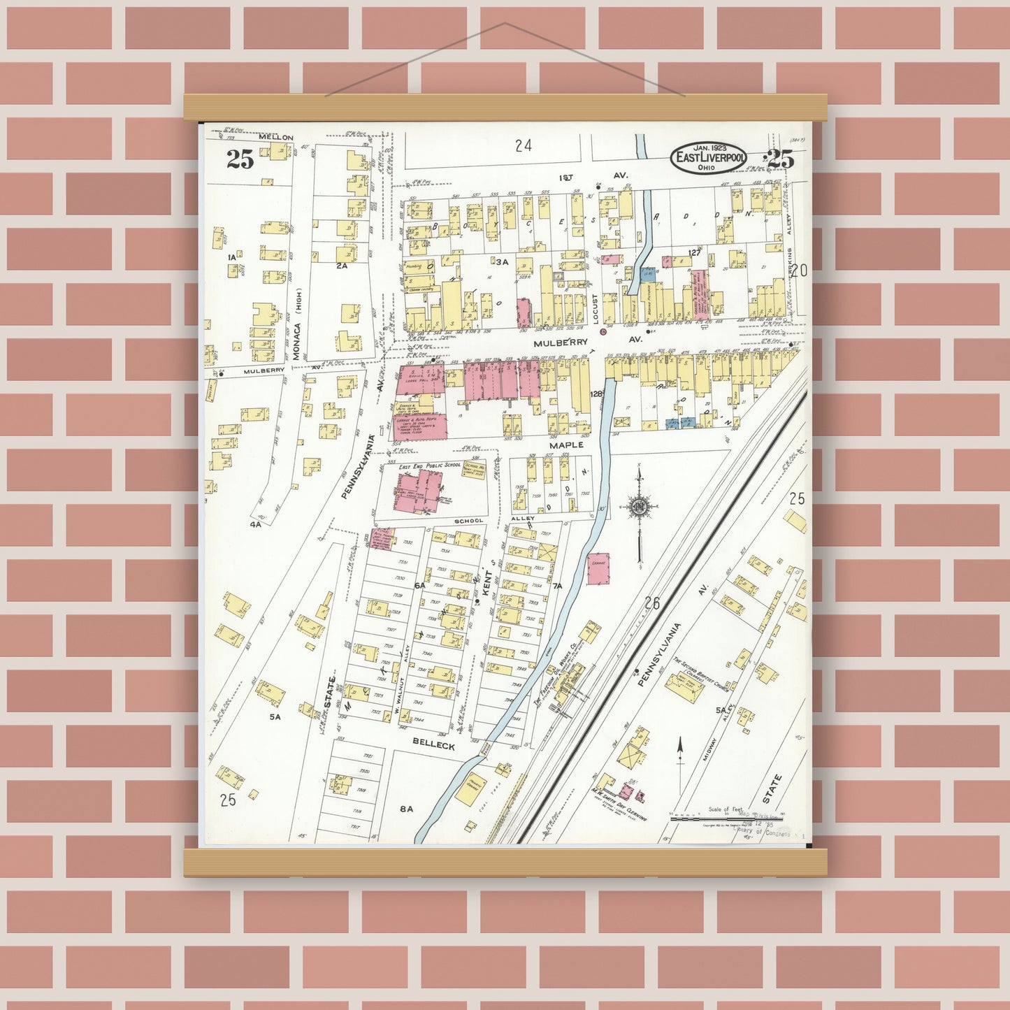 Old map wall art mockup — magnetic wood frame on brick wall — Sanborn Fire Insurance Map from East Liverpool, Columbiana County, Ohio (1923), Sheet #0025