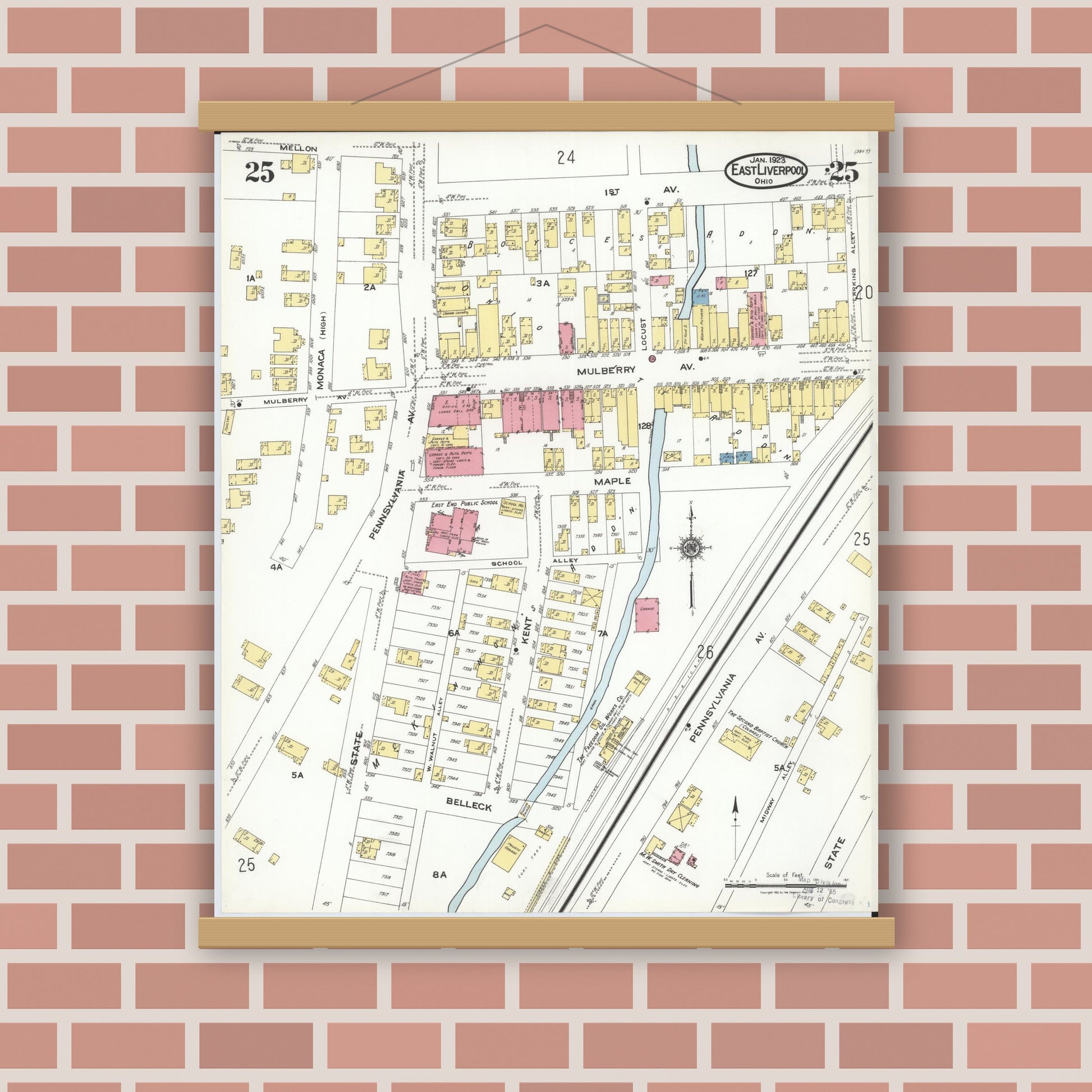 Old map wall art mockup — magnetic wood frame on brick wall — Sanborn Fire Insurance Map from East Liverpool, Columbiana County, Ohio (1923), Sheet #0025