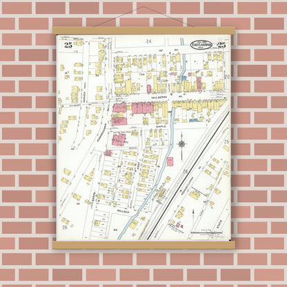 Old map wall art mockup — magnetic wood frame on brick wall — Sanborn Fire Insurance Map from East Liverpool, Columbiana County, Ohio (1923), Sheet #0025