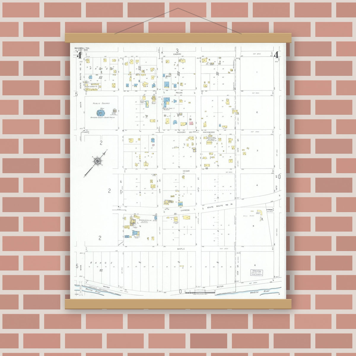 Old map wall art mockup — magnetic wood frame on brick wall — Sanborn Fire Insurance Map from Bandera, Bandera County, Texas (1950), Sheet #0004