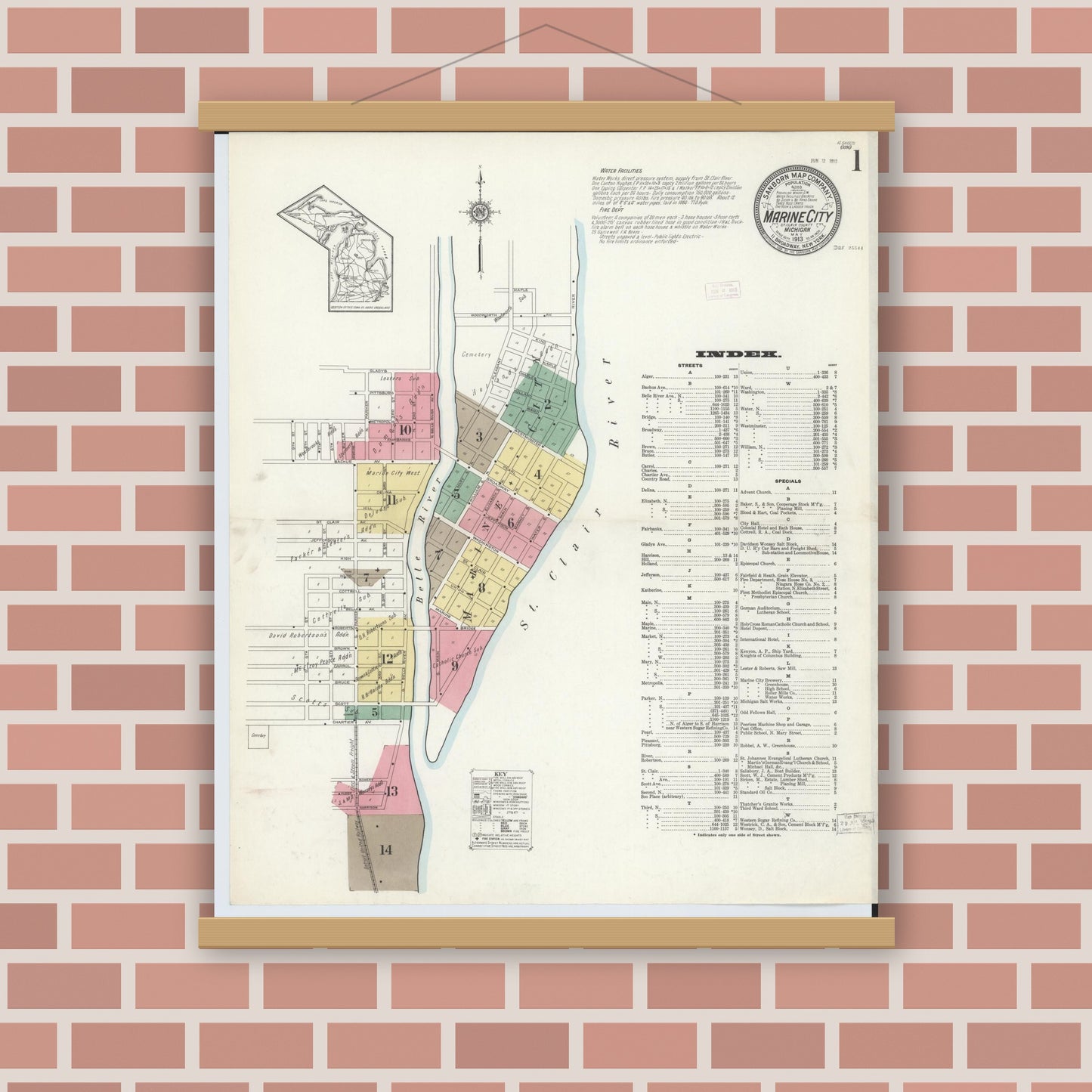 Old map wall art mockup — magnetic wood frame on brick wall — Sanborn Fire Insurance Map from Marine City, Saint Clair County, Michigan (1913) - Complete Map Set