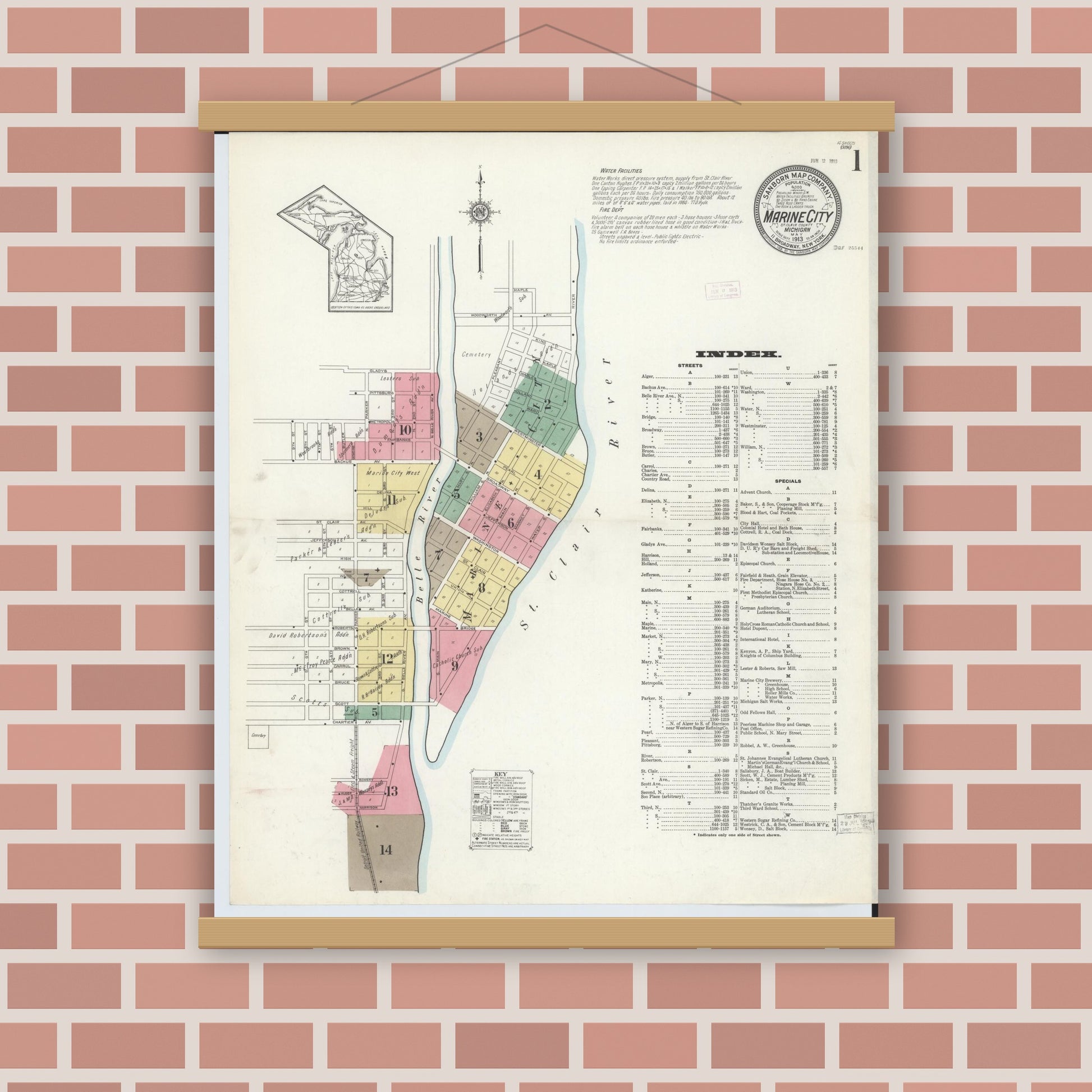 Old map wall art mockup — magnetic wood frame on brick wall — Sanborn Fire Insurance Map from Marine City, Saint Clair County, Michigan (1913) - Complete Map Set