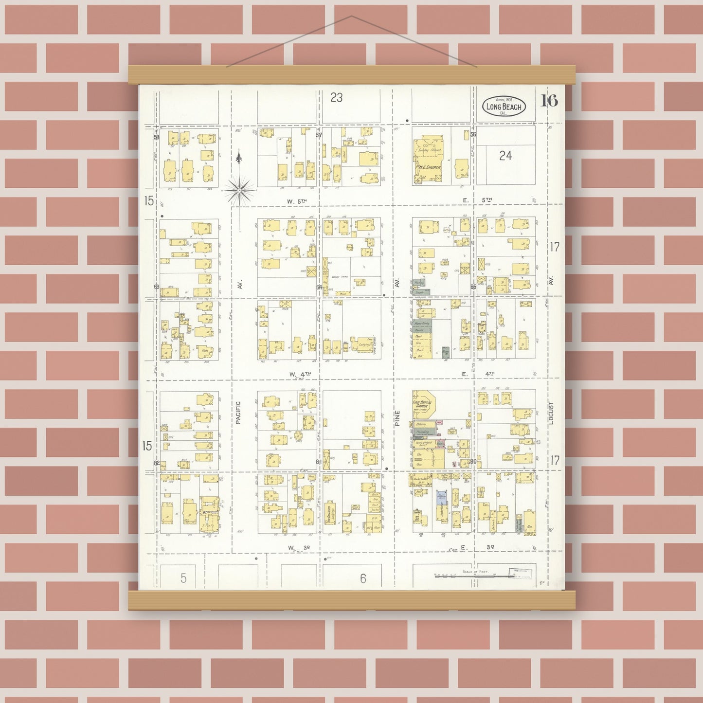 Old map wall art mockup — magnetic wood frame on brick wall — Sanborn Fire Insurance Map from Long Beach, Los Angeles County, California (1905), Sheet #0016