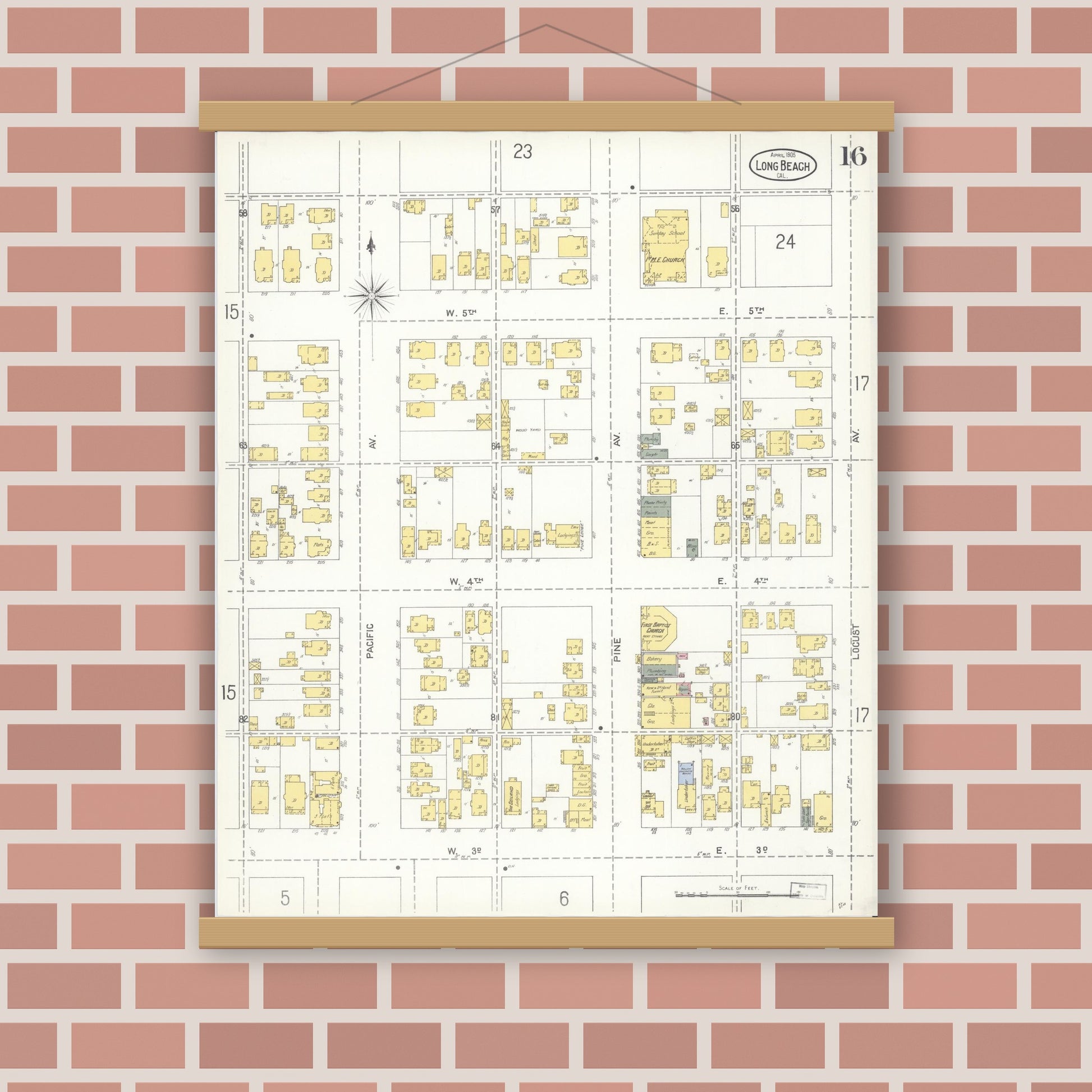Old map wall art mockup — magnetic wood frame on brick wall — Sanborn Fire Insurance Map from Long Beach, Los Angeles County, California (1905), Sheet #0016