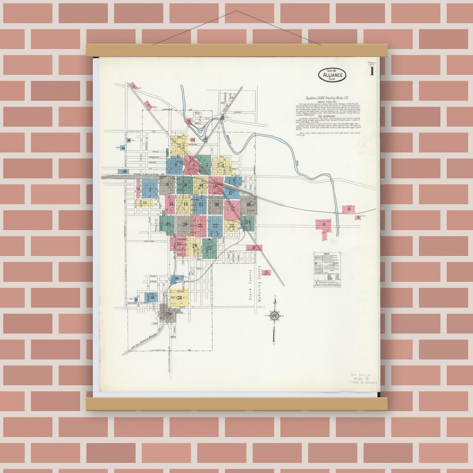 Old map wall art mockup — magnetic wood frame on brick wall — Sanborn Fire Insurance Map from Alliance, Stark County, Ohio (1911) - Complete Map Set