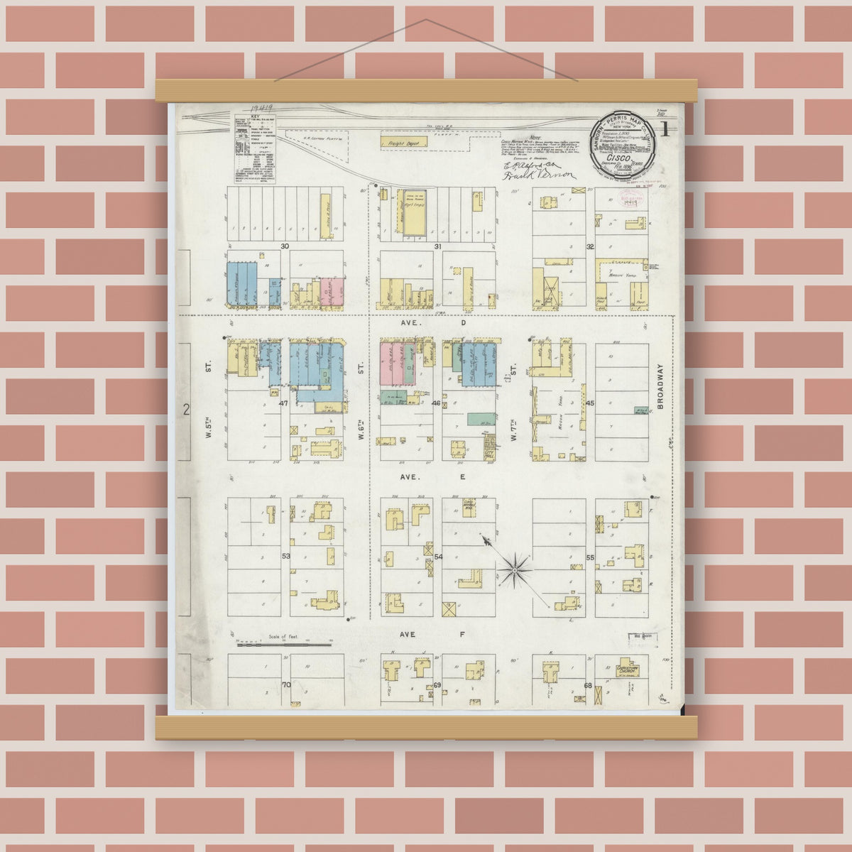 Old map wall art mockup — magnetic wood frame on brick wall — Sanborn Fire Insurance Map from Cisco, Eastland County, Texas (1896) - Complete Map Set