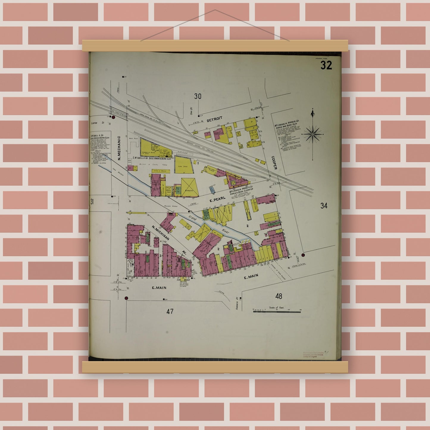 Old map wall art mockup — magnetic wood frame on brick wall — Sanborn Fire Insurance Map from Jackson, Jackson County, Michigan (1907), Sheet #0032