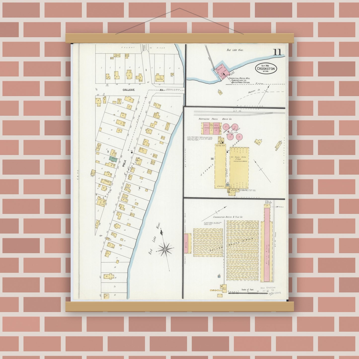 Old map wall art mockup — magnetic wood frame on brick wall — Sanborn Fire Insurance Map from Crookston, Polk County, Minnesota (1906), Sheet #0011