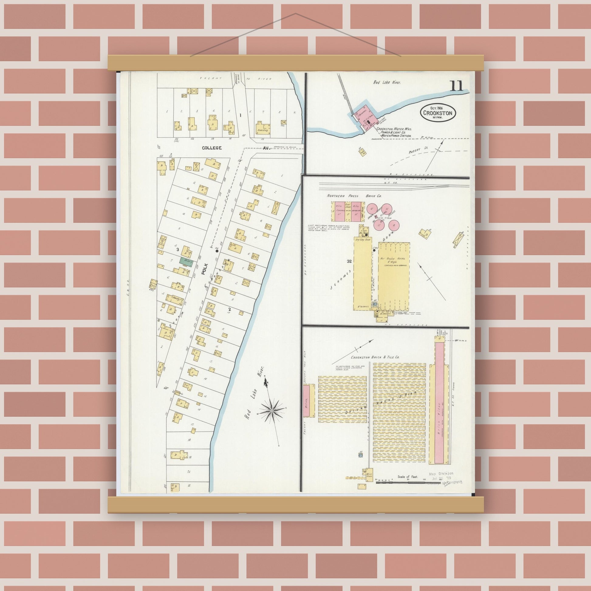 Old map wall art mockup — magnetic wood frame on brick wall — Sanborn Fire Insurance Map from Crookston, Polk County, Minnesota (1906), Sheet #0011