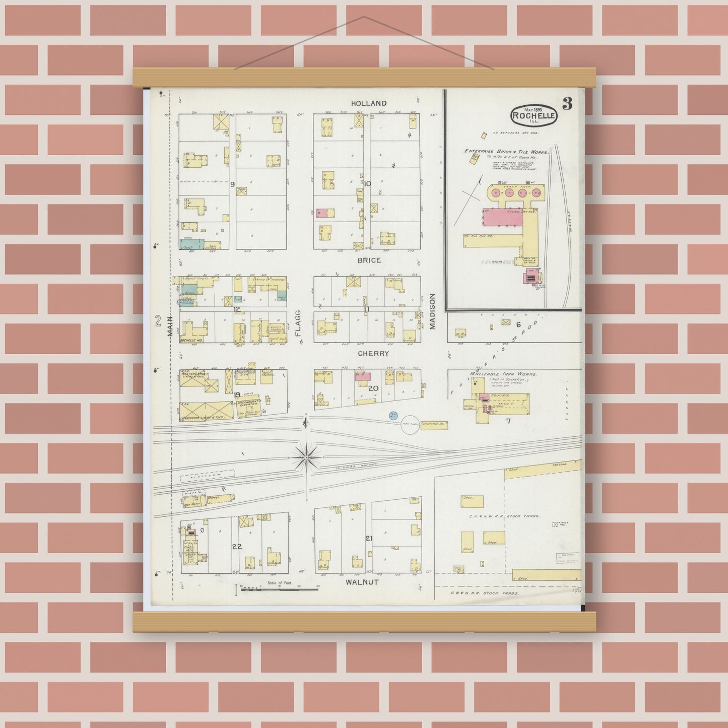 Old map wall art mockup — magnetic wood frame on brick wall — Sanborn Fire Insurance Map from Rochelle, Ogle County, Illinois (1893), Sheet #0003
