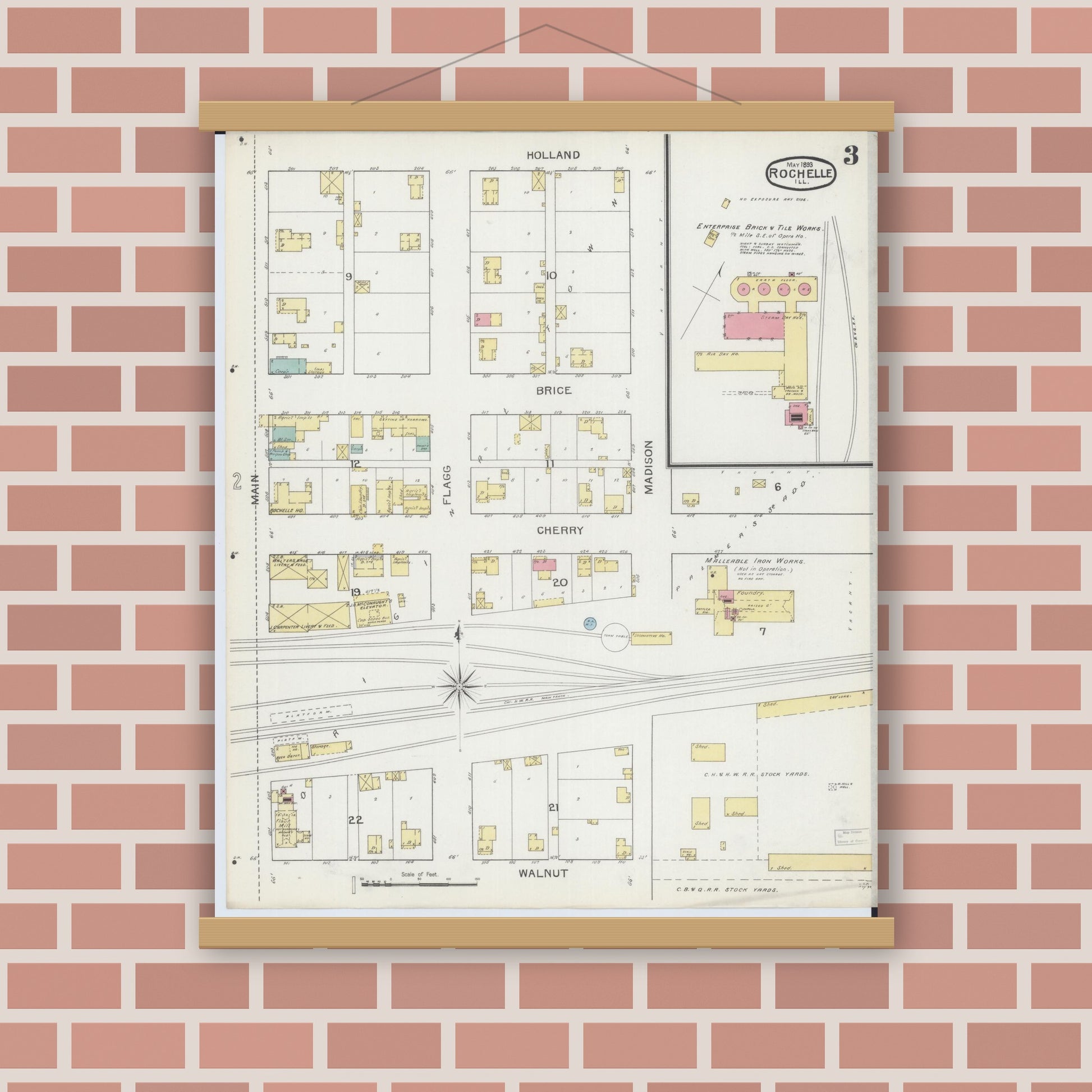 Old map wall art mockup — magnetic wood frame on brick wall — Sanborn Fire Insurance Map from Rochelle, Ogle County, Illinois (1893), Sheet #0003