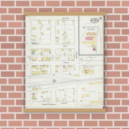 Old map wall art mockup — magnetic wood frame on brick wall — Sanborn Fire Insurance Map from Rochelle, Ogle County, Illinois (1893), Sheet #0003