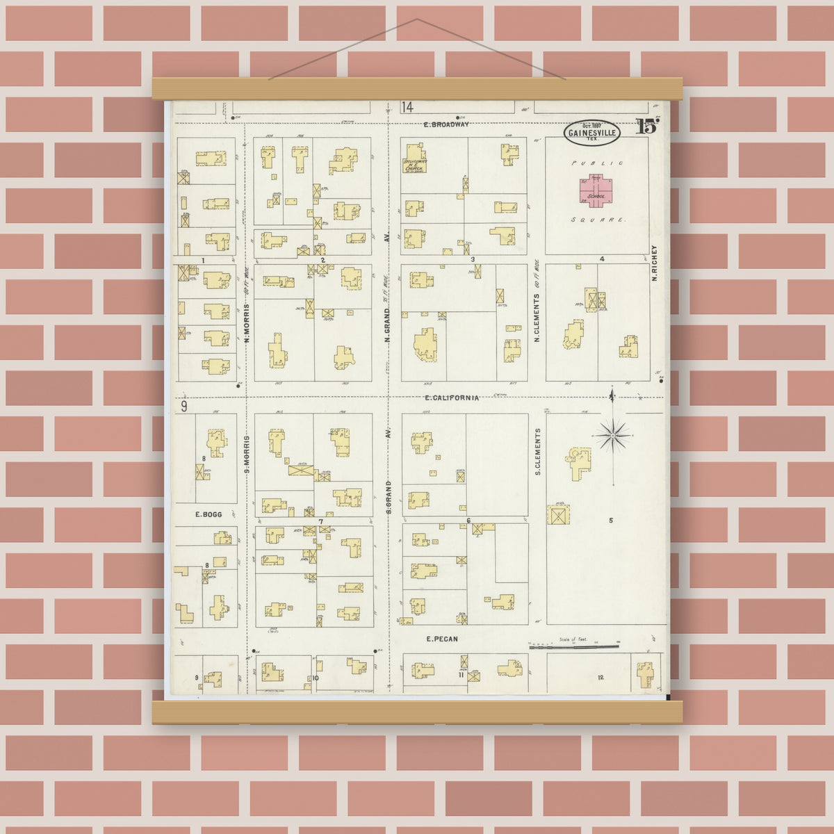 Old map wall art mockup — magnetic wood frame on brick wall — Sanborn Fire Insurance Map from Gainesville, Cooke County, Texas (1897), Sheet #0015