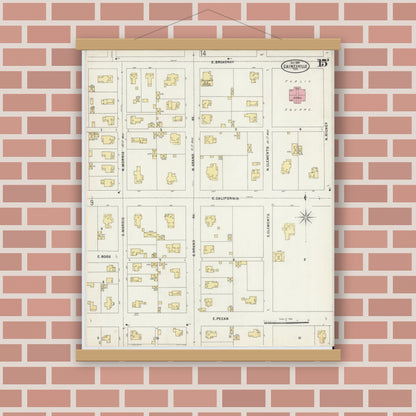 Old map wall art mockup — magnetic wood frame on brick wall — Sanborn Fire Insurance Map from Gainesville, Cooke County, Texas (1897), Sheet #0015