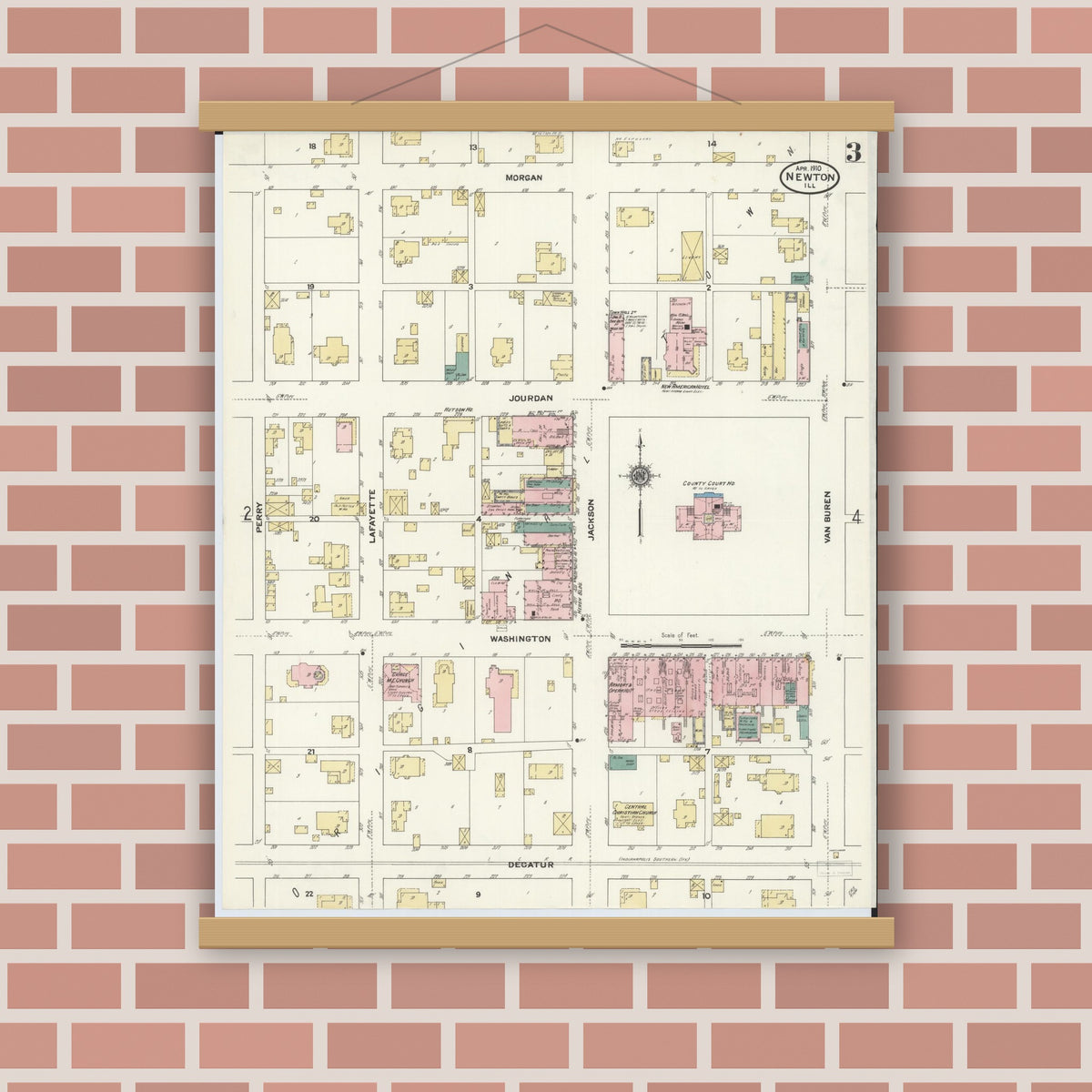 Old map wall art mockup — magnetic wood frame on brick wall — Sanborn Fire Insurance Map from Newton, Jasper County, Illinois (1910), Sheet #0003