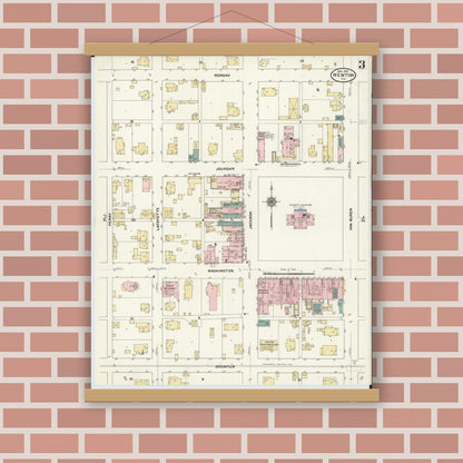 Old map wall art mockup — magnetic wood frame on brick wall — Sanborn Fire Insurance Map from Newton, Jasper County, Illinois (1910), Sheet #0003