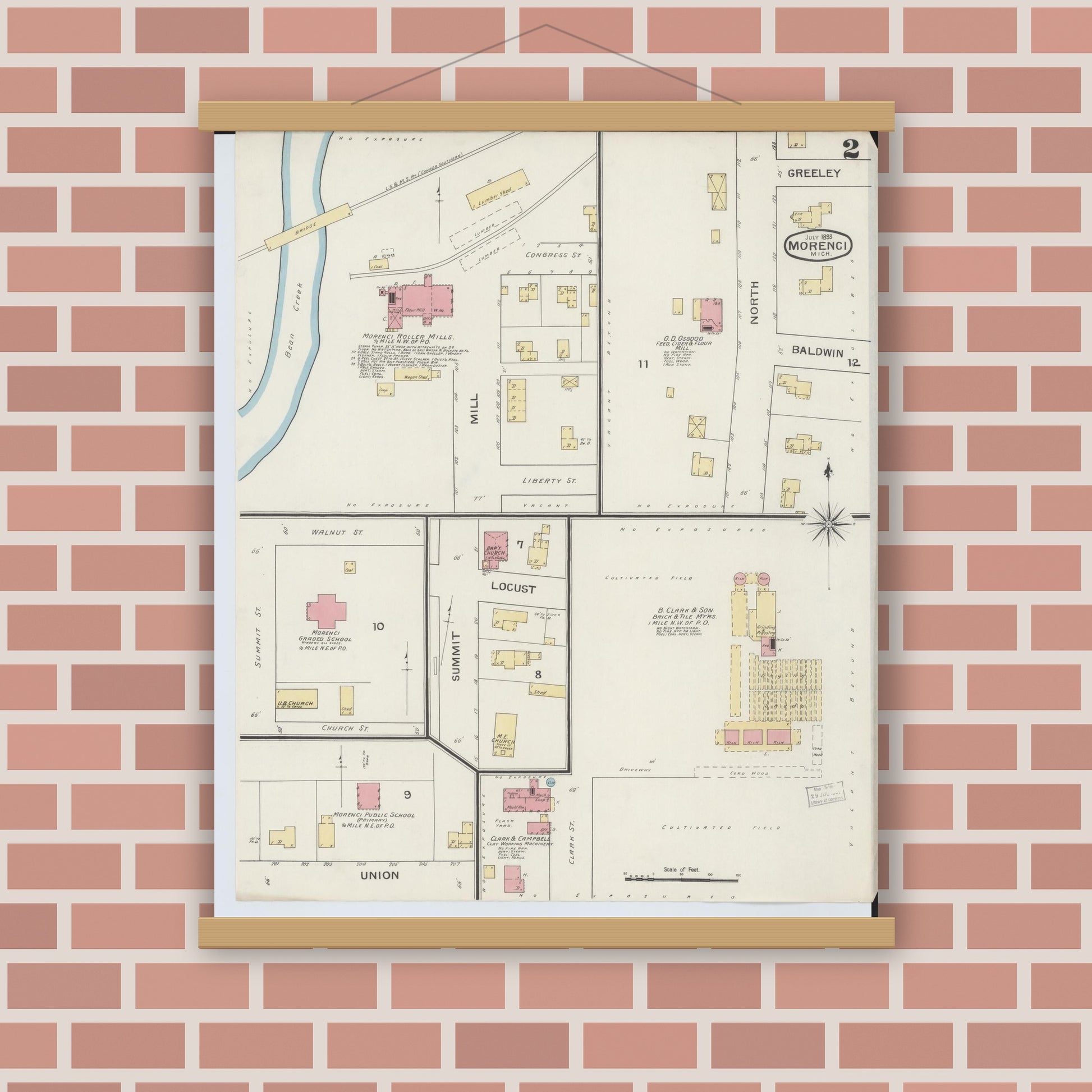Old map wall art mockup — magnetic wood frame on brick wall — Sanborn Fire Insurance Map from Morenci, Lenawee County, Michigan (1893), Sheet #0002