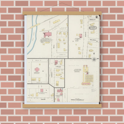 Old map wall art mockup — magnetic wood frame on brick wall — Sanborn Fire Insurance Map from Morenci, Lenawee County, Michigan (1893), Sheet #0002
