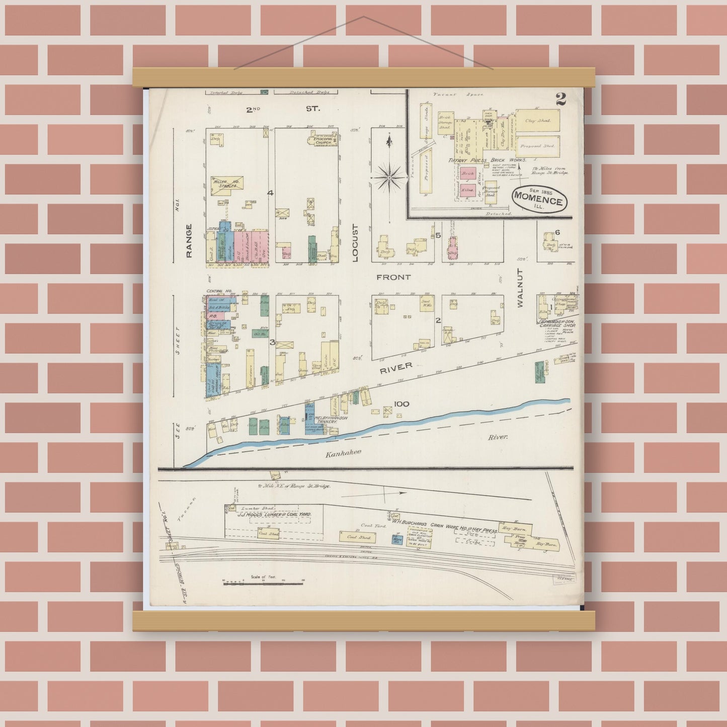 Old map wall art mockup — magnetic wood frame on brick wall — Sanborn Fire Insurance Map from Momence, Kankakee County, Illinois (1885), Sheet #0002