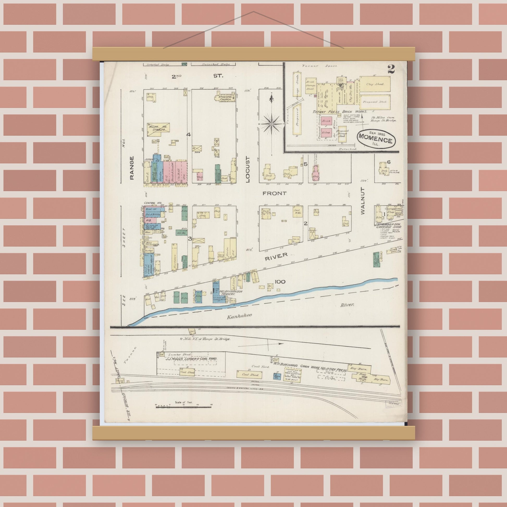 Old map wall art mockup — magnetic wood frame on brick wall — Sanborn Fire Insurance Map from Momence, Kankakee County, Illinois (1885), Sheet #0002