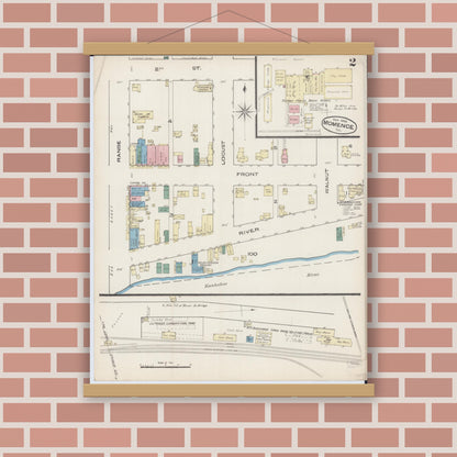Old map wall art mockup — magnetic wood frame on brick wall — Sanborn Fire Insurance Map from Momence, Kankakee County, Illinois (1885), Sheet #0002