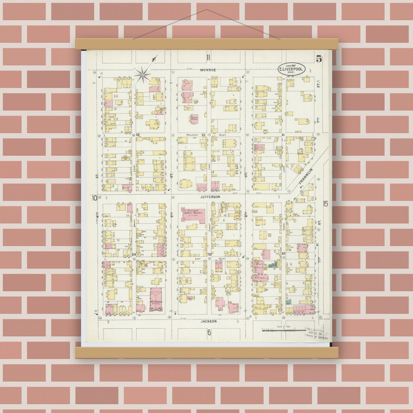 Old map wall art mockup — magnetic wood frame on brick wall — Sanborn Fire Insurance Map from East Liverpool, Columbiana County, Ohio (1897), Sheet #0005