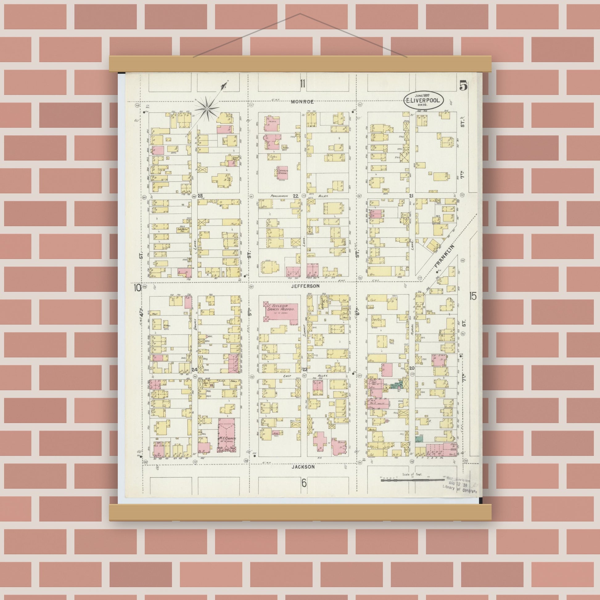 Old map wall art mockup — magnetic wood frame on brick wall — Sanborn Fire Insurance Map from East Liverpool, Columbiana County, Ohio (1897), Sheet #0005