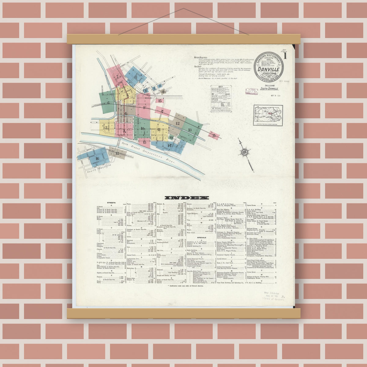 Old map wall art mockup — magnetic wood frame on brick wall — Sanborn Fire Insurance Map from Danville, Montour County, Pennsylvania (1913), Sheet #0001