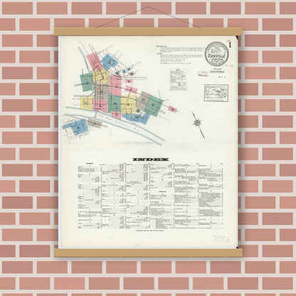 Old map wall art mockup — magnetic wood frame on brick wall — Sanborn Fire Insurance Map from Danville, Montour County, Pennsylvania (1913), Sheet #0001
